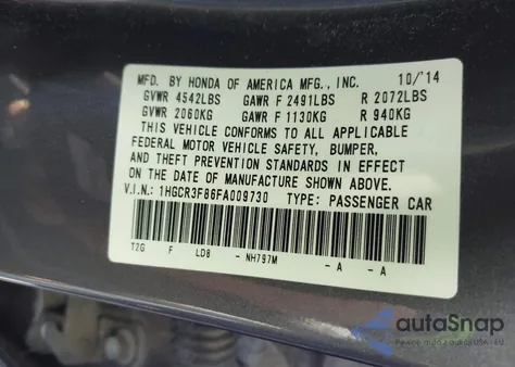 2015 Honda Accord Ex-L V-6 from USA, damaged, VIN 1HGCR3F86FA009730